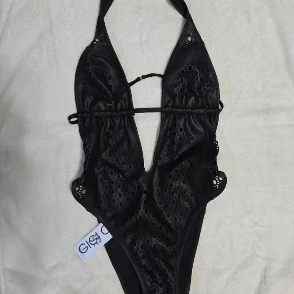 GIGI C Camilla Faux Leather One Piece. Black. Sz S. NWT. RP $280. SEXY! - Picture 8 of 10